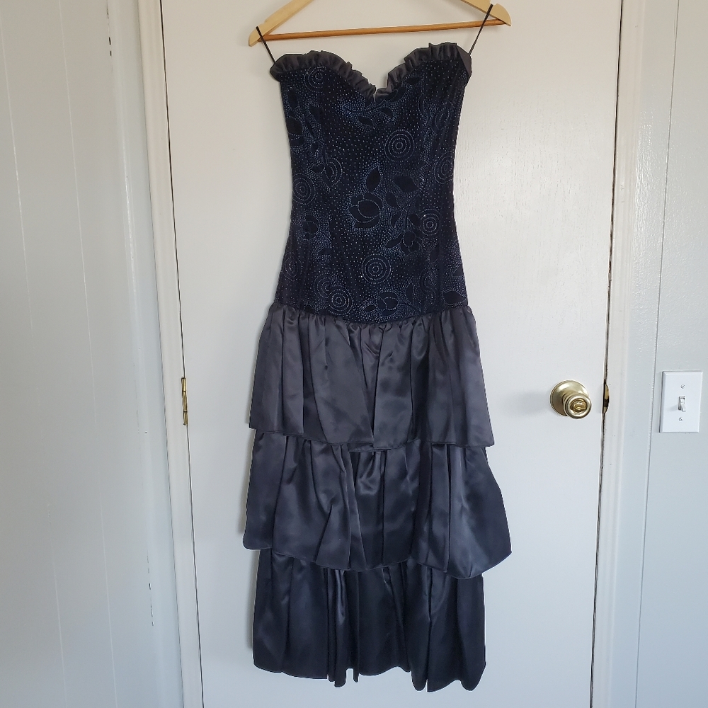 Vintage Gunne Sax Dress Size 5 Black And Blue Drop Waist Strapless Bow O…